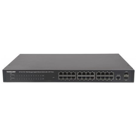 Intellinet 24-Port Gigabit Ethernet PoE+ Web-Managed Switch with 2 SFP Ports, 24 x PoE ports, IEEE 802.3at/af Power over Ethernet (PoE+/PoE), 2 x SFP, Endspan, 19" Rackmount - Switch - Managed - 24 x 10/100/1000 (PoE+) + 2 x SFP - desktop, rack-mountable - PoE+ - 2