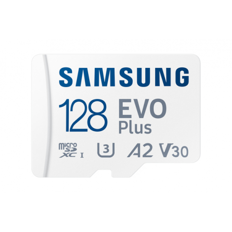 Samsung EVO Plus MB-MC128S - Flash memory card (microSDXC to SD adapter included) - 128 GB - A2 / Video Class V30 / UHS-I U3 / Class10 - microSDXC UHS-I - white - 0