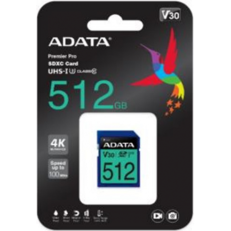 ADATA Premier Pro SDXC UHS-I U3 Class 10 (V30S) - Flash memory card - 512 GB - Video Class V30 / UHS-I U3 / Class10 - SDXC UHS-I - 1
