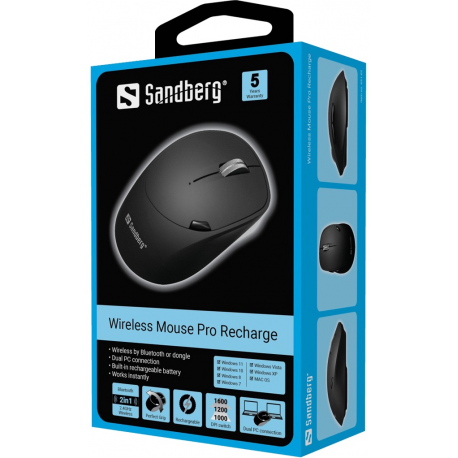 Sandberg Pro - Mouse - optical - 6 buttons - wireless - 2.4 GHz, Bluetooth 4.0, Bluetooth 5.0 - USB wireless receiver - 10