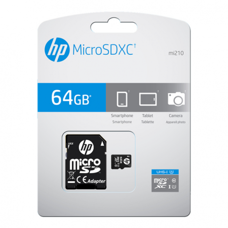 HP mi210 - Flash memory card (microSDXC to SD adapter included) - 64 GB - UHS-I U1  /  Class10 - microSDXC UHS-I - 5