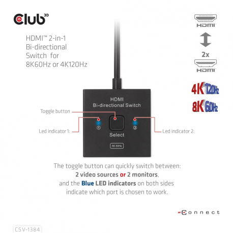 Club 3D CSV-1384 - Video / audio switch - 2-in-1, bi-directional - 2 x HDMI - desktop - 8
