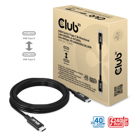 Club 3D - USB cable - 24 pin USB-C (M) to 24 pin USB-C (M) - USB4 Gen3x2 - 48 V - 5 A - 3 m - active, 4K120Hz support, 8K60Hz support, bi-directional, up to 240W power delivery support, extended power range (EPR), up to 40 Gbps data transfer rate - 3
