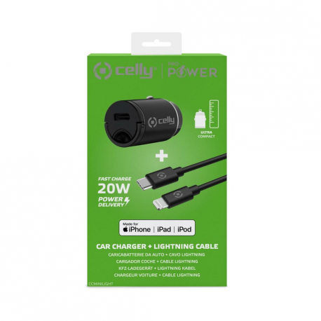 Celly ProPower - Car power adapter - ultra compact - 20 Watt - 3 A - PD (24 pin USB-C) - for Apple 10.2-inch iPad; AirPods Max; AirPods Pro; iPhone 11, 12, 13, 14, SE - 3