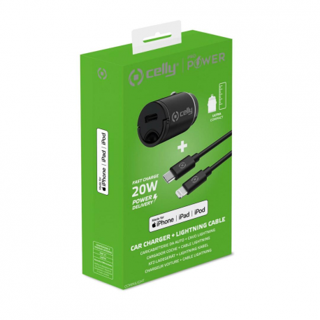 Celly ProPower - Car power adapter - ultra compact - 20 Watt - 3 A - PD (24 pin USB-C) - for Apple 10.2-inch iPad; AirPods Max; AirPods Pro; iPhone 11, 12, 13, 14, SE - 4