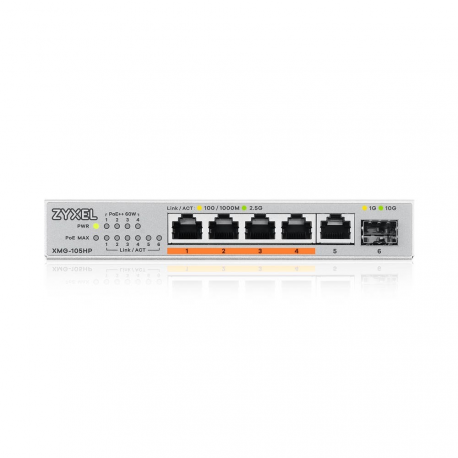 Zyxel XMG-100 Series XMG-105HP - Switch - unmanaged - unmanaged - 5 x 100 / 1000 / 2.5G (PoE++) + 1 x Gigabit SFP / 10 Gigabit SFP+ - desktop, wall-mountable - PoE++ (70 W) - 2