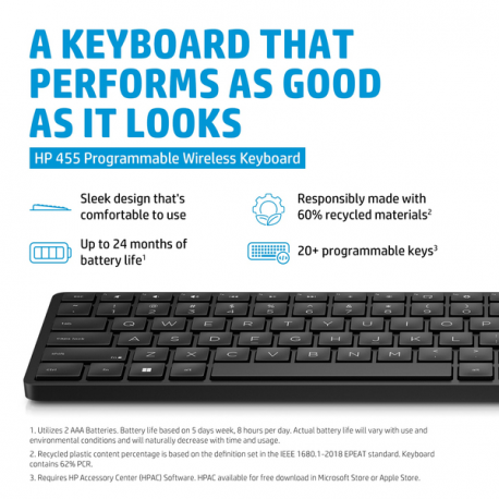 HP 455 - Keyboard - programmable - wireless - 2.4 GHz - black - for HP 34; Elite Mobile Thin Client mt645 G7; ZBook Firefly 14 G9; ZBook Fury 16 G9 - 2