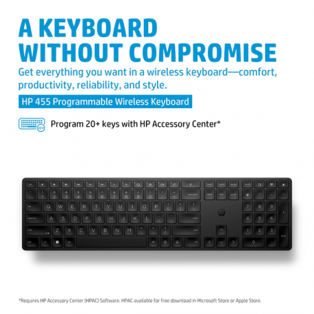 HP 455 - Keyboard - programmable - wireless - 2.4 GHz - black - for HP 34; Elite Mobile Thin Client mt645 G7; ZBook Firefly 14 G9; ZBook Fury 16 G9 - 8