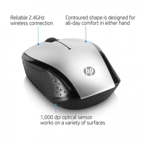HP 200 - Mouse - right and left-handed - optical - wireless - 2.4 GHz - USB wireless receiver - silver - for OMEN by HP Laptop 16; Chromebook 14; Pavilion TP01; Spectre x360 Laptop - 7