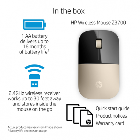 HP Z3700 - Mouse - blue LED - wireless - 2.4 GHz - USB wireless receiver - gold - for OMEN by HP Laptop 16; Victus by HP Laptop 16; Laptop 15, 17; Pavilion Plus Laptop 14 - 3