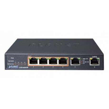 PLANET GSD-604HP - Switch - 4 x 10/100/1000 (PoE+) + 2 x 10/100/1000 (uplink) - desktop - PoE+ (55 W) - 0