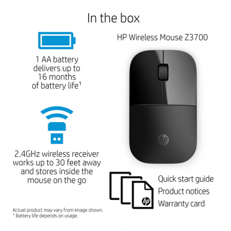 HP Z3700 - Mouse - blue LED - wireless - 2.4 GHz - USB wireless receiver - black - for OMEN by HP Laptop 16; Victus by HP Laptop 16; Laptop 15, 17; Pavilion Plus Laptop 14 - 1
