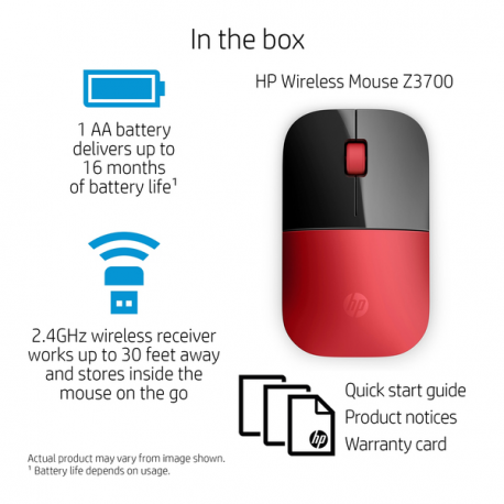 HP Z3700 - Mouse - blue LED - wireless - 2.4 GHz - USB wireless receiver - red - for OMEN by HP Laptop 16; Victus by HP Laptop 16; Laptop 15, 17; Pavilion Plus Laptop 14 - 1
