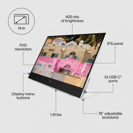 HP E14 G4 - LED monitor - 14" - portable - 1920 x 1080 Full HD (1080p) @ 60 Hz - IPS - 400 cd / m² - 800:1 - 5 ms - 2xUSB-C - sliver stand - for HP EliteBook 745 G5, 830 G5, 830 G6, 840 G5, 840 G6 - 15
