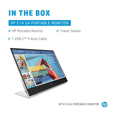 HP E14 G4 - LED monitor - 14" - portable - 1920 x 1080 Full HD (1080p) @ 60 Hz - IPS - 400 cd / m² - 800:1 - 5 ms - 2xUSB-C - sliver stand - for HP EliteBook 745 G5, 830 G5, 830 G6, 840 G5, 840 G6 - 21