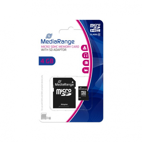 MediaRange - Flash memory card (microSDHC to SD adapter included) - 4 GB - Class 10 - microSDHC - black - 0