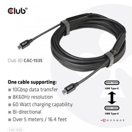 Club 3D CAC-1535 - USB cable - USB-C (M) to USB-C (M) - USB 3.2 Gen 2 / DisplayPort 1.4 - 20 V - 3 A - 5 m - active, USB Power Delivery (3A, 60W), 8K support, bi-directional - 3