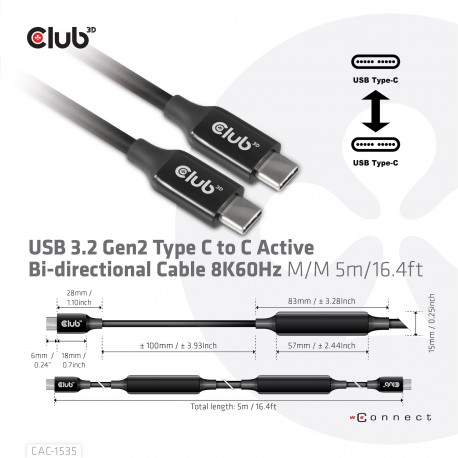 Club 3D CAC-1535 - USB cable - USB-C (M) to USB-C (M) - USB 3.2 Gen 2 / DisplayPort 1.4 - 20 V - 3 A - 5 m - active, USB Power Delivery (3A, 60W), 8K support, bi-directional - 4