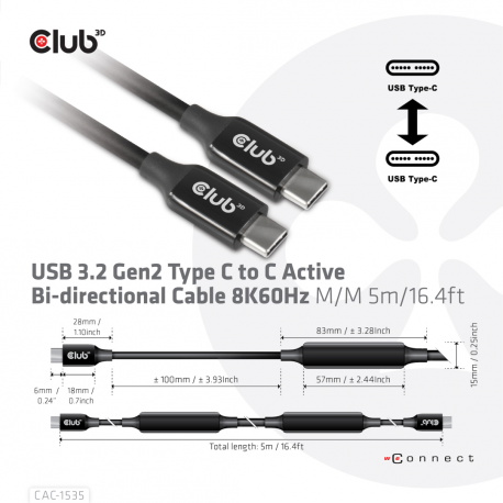 Club 3D CAC-1535 - USB cable - USB-C (M) to USB-C (M) - USB 3.2 Gen 2 / DisplayPort 1.4 - 20 V - 3 A - 5 m - active, USB Power Delivery (3A, 60W), 8K support, bi-directional - 10