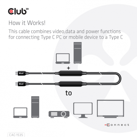 Club 3D CAC-1535 - USB cable - USB-C (M) to USB-C (M) - USB 3.2 Gen 2 / DisplayPort 1.4 - 20 V - 3 A - 5 m - active, USB Power Delivery (3A, 60W), 8K support, bi-directional - 12