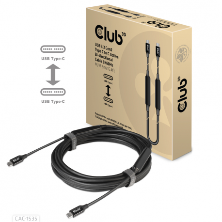 Club 3D CAC-1535 - USB cable - USB-C (M) to USB-C (M) - USB 3.2 Gen 2 / DisplayPort 1.4 - 20 V - 3 A - 5 m - active, USB Power Delivery (3A, 60W), 8K support, bi-directional - 14