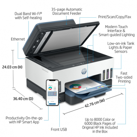 HP Smart Tank 7605 All-in-One - Multifunction printer - colour - ink-jet - refillable - Letter A (216 x 279 mm) / A4 (210 x 297 mm) (original) - A4 / Legal (media) - up to 13 ppm (copying) - up to 15 ppm (printing) - 250 sheets - USB 2.0, Wi-Fi(n), Bluetooth - 3