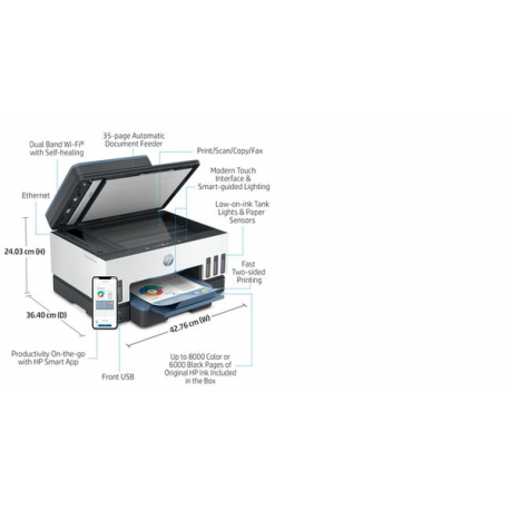 HP Smart Tank 7605 All-in-One - Multifunction printer - colour - ink-jet - refillable - Letter A (216 x 279 mm) / A4 (210 x 297 mm) (original) - A4 / Legal (media) - up to 13 ppm (copying) - up to 15 ppm (printing) - 250 sheets - USB 2.0, Wi-Fi(n), Bluetooth - 13