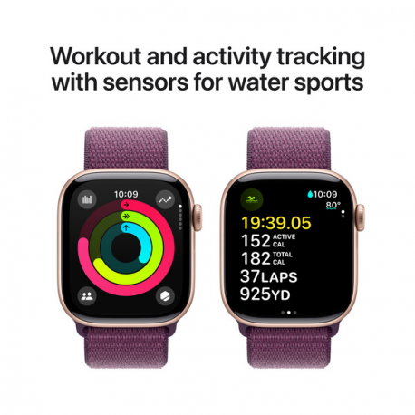 Apple Watch Series 10 (GPS) - 42 mm - rose gold aluminium - smart watch with sport loop - soft double-layer nylon - plum - wrist size: 130-200 mm - 64 GB - Wi-Fi 4, UWB, Bluetooth - 30 g - 3