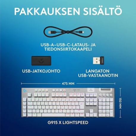 Logitech G G915 X - Keyboard - gaming, LIGHTSPEED - full size - backlit - wireless - Bluetooth, 2.4 GHz, USB-C - white - 8