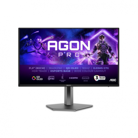AOC AGON PRO AG326UD - OLED monitor - gaming - 32" (31.5" viewable) - 3840 x 2160 4K UHD (2160p) @ 165 Hz - 250 cd / m² - 15000000:1 - DisplayHDR 400 True Black - 0.03 ms - 2xHDMI, DisplayPort - speakers - dark grey - 0
