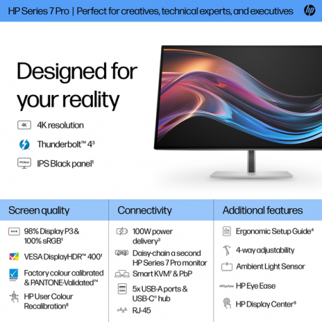 HP 727pk - Series 7 Pro - LED monitor - 27" - 3840 x 2160 4K @ 60 Hz - IPS Black - 400 cd / m² - 2000:1 - DisplayHDR 400 - 5 ms - Thunderbolt 4, HDMI, DisplayPort - black, silver - 8