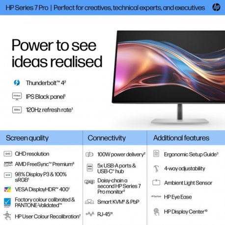 HP 727pu - Series 7 Pro - LED monitor - 27" - 2560 x 1440 QHD @ 120 Hz - IPS Black - 400 cd / m² - 2000:1 - DisplayHDR 400 - 5 ms - Thunderbolt 4, HDMI, DisplayPort - black, silver - 3