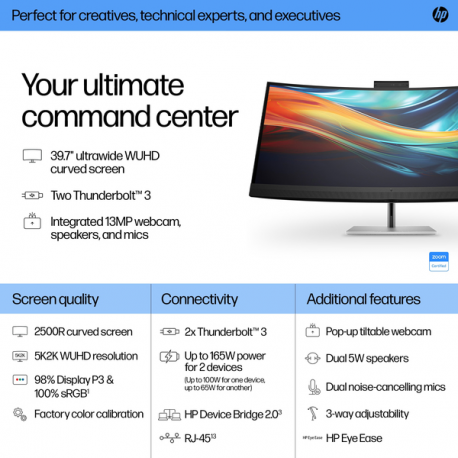 HP 740pm - Series 7 Pro - LED monitor - curved - 40" (39.7" viewable) - 5120 x 2160 WUHD @ 60 Hz - IPS - 300 cd / m² - 1000:1 - 5 ms - 2xThunderbolt 3, HDMI, DisplayPort - speakers - black, silver - 8