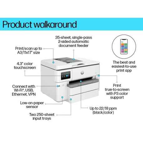 HP Officejet Pro 9730e Wide Format All-in-One - Multifunction printer - colour - ink-jet - A3 / Ledger (297 x 432 mm) (original) - A3 (media) - up to 18 ppm (copying) - up to 22 ppm (printing) - 250 sheets - USB 2.0, LAN, USB 2.0 host, Wi-Fi(ac), Bluetooth - cement - 4