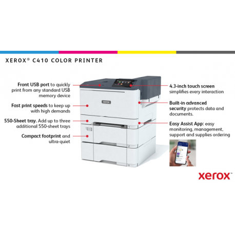 Xerox C410V / DN - Printer - colour - Duplex - laser - A4 / Legal - 1200 x 1200 dpi - up to 40 ppm (mono)  /  up to 40 ppm (colour) - capacity: 251 sheets - USB, Gigabit LAN, USB 2.0 host - 4