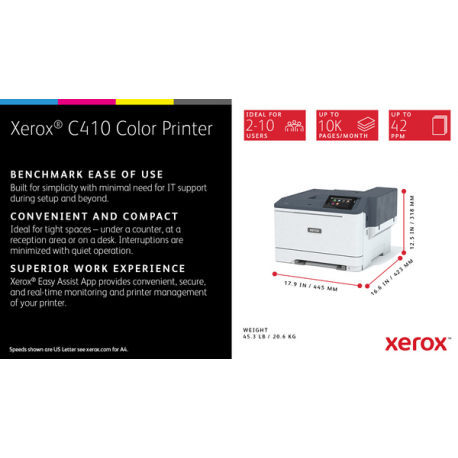 Xerox C410V / DN - Printer - colour - Duplex - laser - A4 / Legal - 1200 x 1200 dpi - up to 40 ppm (mono)  /  up to 40 ppm (colour) - capacity: 251 sheets - USB, Gigabit LAN, USB 2.0 host - 5