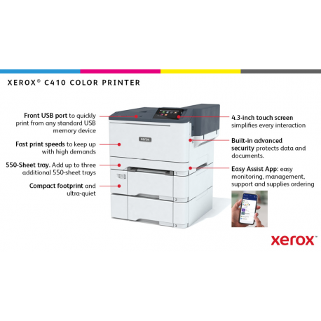 Xerox C410V / DN - Printer - colour - Duplex - laser - A4 / Legal - 1200 x 1200 dpi - up to 40 ppm (mono)  /  up to 40 ppm (colour) - capacity: 251 sheets - USB, Gigabit LAN, USB 2.0 host - 18