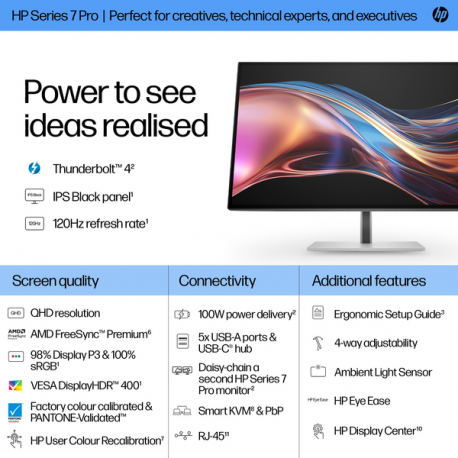 HP 727pu - Series 7 Pro - LED monitor - 27" - 2560 x 1440 QHD @ 120 Hz - IPS Black - 400 cd / m² - 2000:1 - DisplayHDR 400 - 5 ms - Thunderbolt 4, HDMI, DisplayPort - black, silver - 4