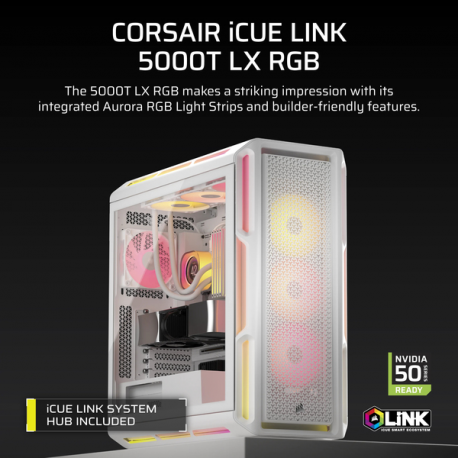 CORSAIR iCUE LINK 5000T LX RGB - Mid tower gaming - extended ATX - windowed side panel (tempered glass) - no power supply (ATX) - white - USB/Audio - 8