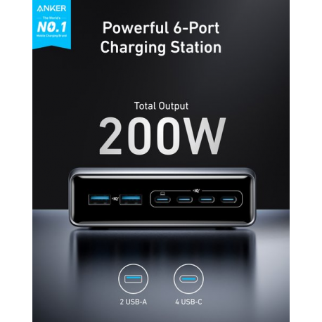 Anker Prime - Power adapter - GaN - 200 Watt - 5 A - 6 output connectors (4 x USB-C, 2 x USB) - 1