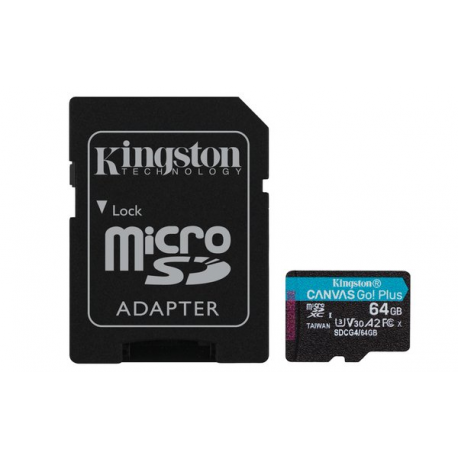 Kingston Canvas Go! Plus - Flash memory card (microSDXC to SD adapter included) - 64 GB - A2 / Video Class V30 / UHS-I U3 / Class10 - microSDXC UHS-I - 0