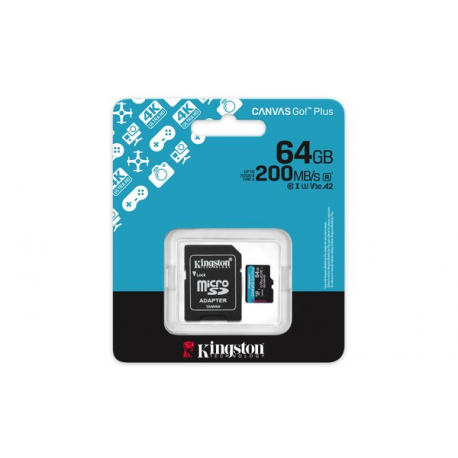 Kingston Canvas Go! Plus - Flash memory card (microSDXC to SD adapter included) - 64 GB - A2 / Video Class V30 / UHS-I U3 / Class10 - microSDXC UHS-I - 3