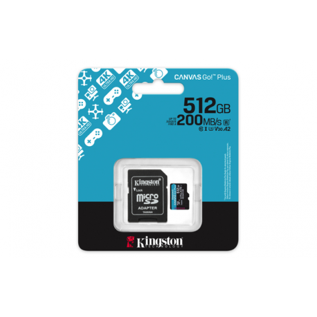 Kingston Canvas Go! Plus - Flash memory card (microSDXC to SD adapter included) - 512 GB - A2 / Video Class V30 / UHS-I U3 / Class10 - microSDXC UHS-I - 6