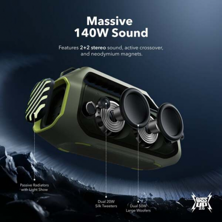 Soundcore Boom 2 Plus - Speaker - for portable use - wireless - Bluetooth - App-controlled - 100 Watt - 2-way - adventure green - 2