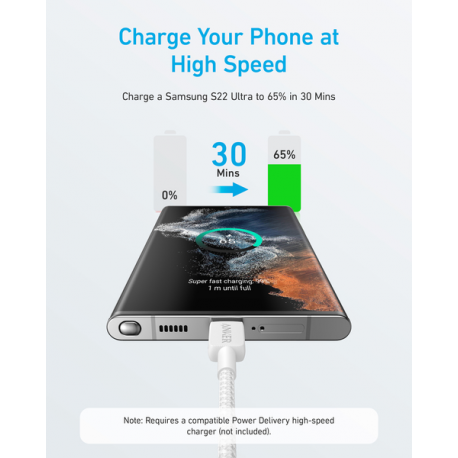 Anker - USB cable - 24 pin USB-C (M) to 24 pin USB-C (M) - 2 m - Fast Charging up to 60W, braided cable - white - 2