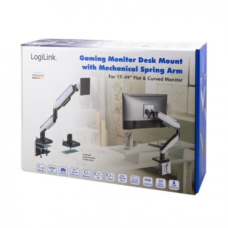 LogiLink - Mounting kit (articulating arm, grommet clamp, clamp mounting base) - Gas Spring - for LCD display /  curved LCD display - gaming - plastic, aluminium, steel - matte black, greyish white - screen size: 17"-49" - desk-mountable - 7