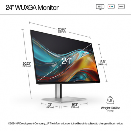 HP 724pn - Series 7 Pro - LED monitor - 24" - 1920 x 1200 WUXGA @ 100 Hz - IPS - 350 cd / m² - 1500:1 - 5 ms - HDMI, DisplayPort - black, silver - 18