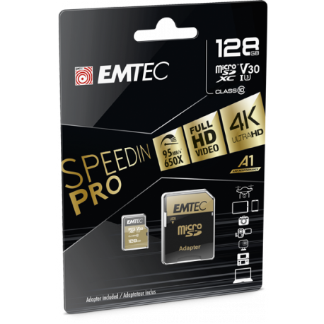 EMTEC SpeedIN' PRO - Flash memory card (microSDHC to SD adapter included) - 128 GB - Video Class V30 / UHS-I U3 / Class10 - microSDXC UHS-I - 1
