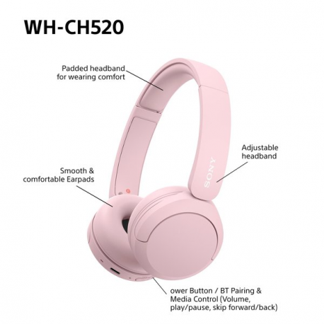 Sony WH-CH520 - Headphones with mic - on-ear - Bluetooth - wireless - pink - 4
