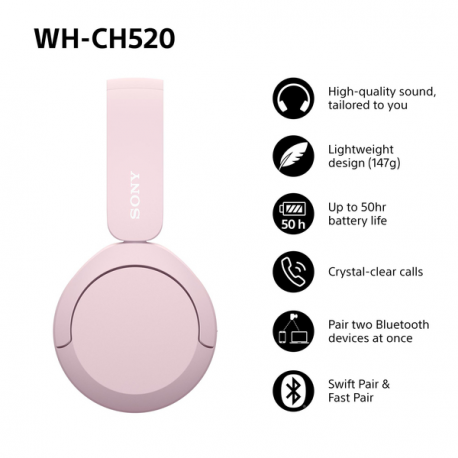 Sony WH-CH520 - Headphones with mic - on-ear - Bluetooth - wireless - pink - 12